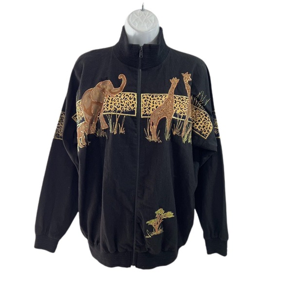 VTG Jungle Animal Safari Glitter Zip Up Jacket Judy Myers Designer Times EUC - Picture 1 of 12